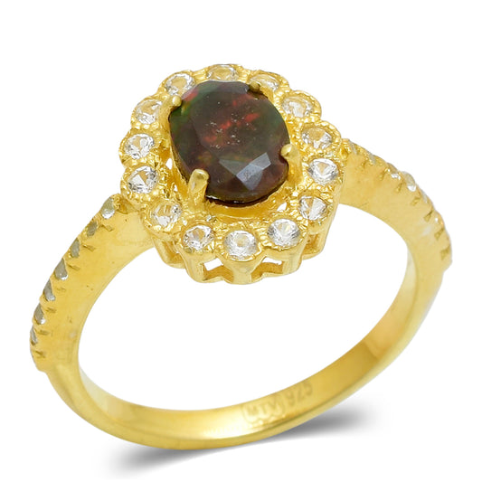 Pozlacené Stříbro 925/1000 - Prsten s Etiopským Opálem z Lega Dembi a Bílým Topazem - Karátové číslo: 0.47. přibližná hmotnost: 3.65 gramů