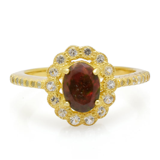 Pozlacené Stříbro 925/1000 - Prsten s Etiopským Opálem z Lega Dembi a Bílým Topazem - Karátové číslo: 0.47. přibližná hmotnost: 3.65 gramů