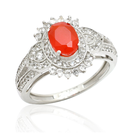 Stříbro 925/1000 - Prsten s Červeným Achátem a Bílým Topazem - Karátové číslo: 1.6. přibližná hmotnost: 4.39 gramů