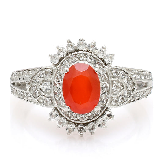 Stříbro 925/1000 - Prsten s Červeným Achátem a Bílým Topazem - Karátové číslo: 1.6. přibližná hmotnost: 4.39 gramů