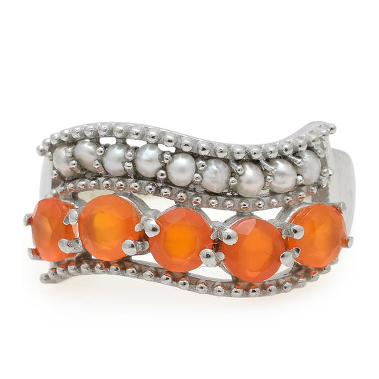 Stříbro 925/1000 - Prsten s Červeným Achátem a Bílou Sladkovodní Perlou - Karátové číslo: 1.56. přibližná hmotnost: 4.25 gramů