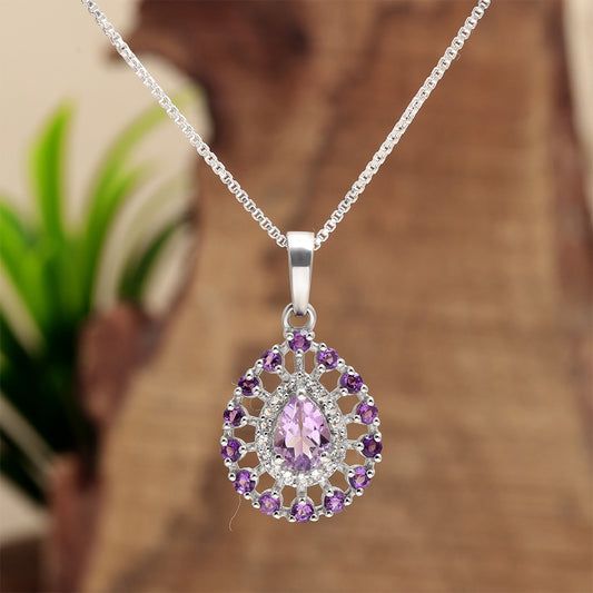 Stříbro 925/1000 - Přívěsek s Brazilským Ametystem a Bílým Topazem - Karátové číslo: 1.08. přibližná hmotnost: 1.76 gramů