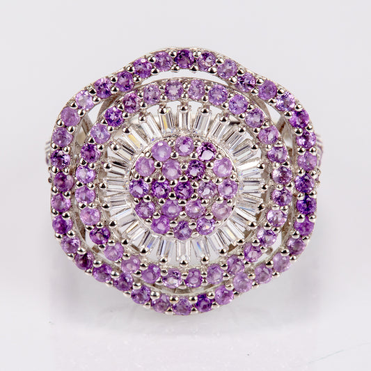 Stříbro 925/1000 - Prsten s Brazilským Ametystem a Bílým Topazem - Karátové číslo: 1.55. přibližná hmotnost: 4.61 gramů