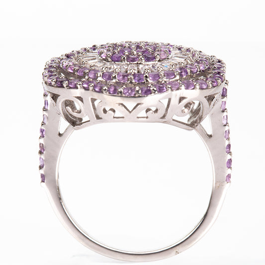 Stříbro 925/1000 - Prsten s Brazilským Ametystem a Bílým Topazem - Karátové číslo: 1.55. přibližná hmotnost: 4.61 gramů