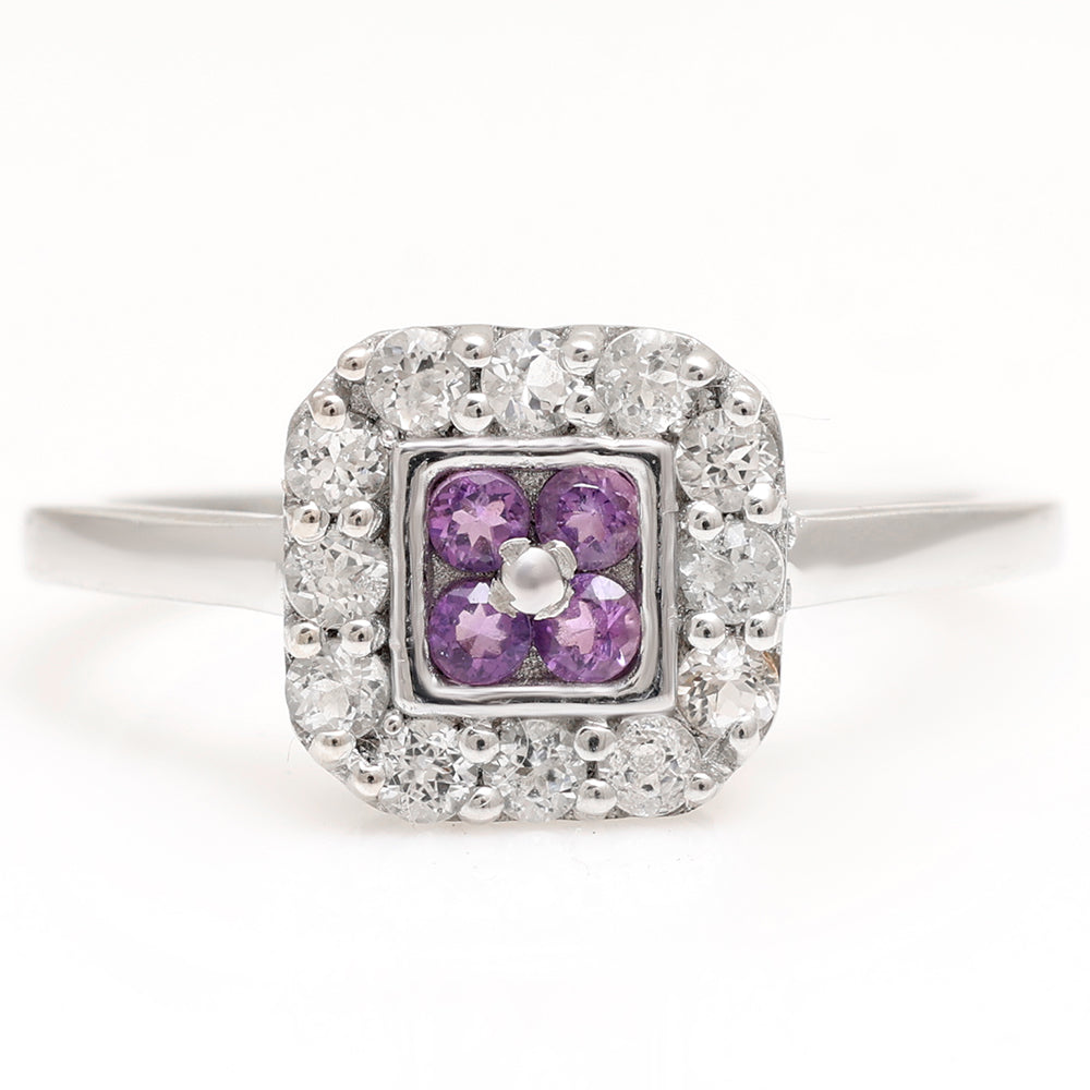 Stříbro 925/1000 - Prsten s Brazilským Ametystem a Bílým Topazem - Karátové číslo: 3.01. přibližná hmotnost: 2.21 gramů
