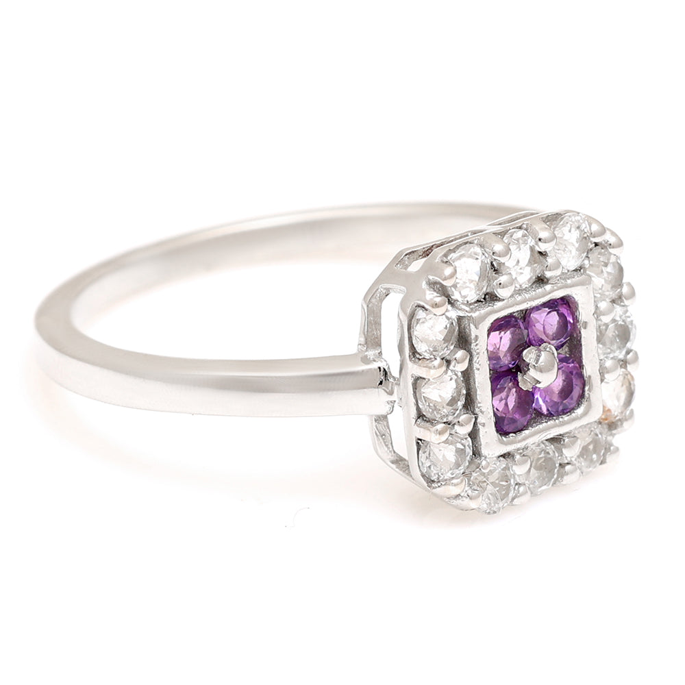 Stříbro 925/1000 - Prsten s Brazilským Ametystem a Bílým Topazem - Karátové číslo: 3.01. přibližná hmotnost: 2.21 gramů 7 
