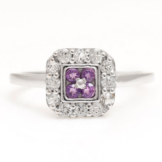 Stříbro 925/1000 - Prsten s Brazilským Ametystem a Bílým Topazem - Karátové číslo: 3.01. přibližná hmotnost: 2.21 gramů