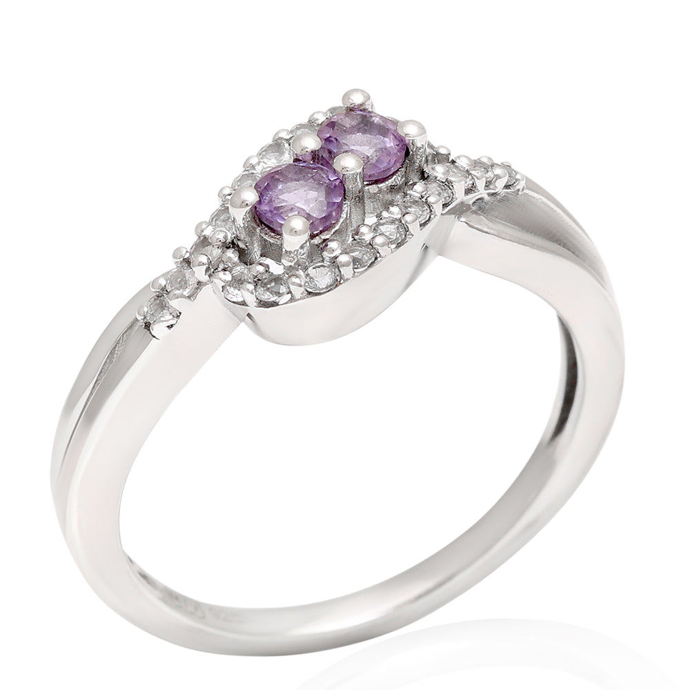 Stříbro 925/1000 - Prsten s Brazilským Ametystem a Bílým Topazem - Karátové číslo: 0.62. přibližná hmotnost: 2.5 gramů