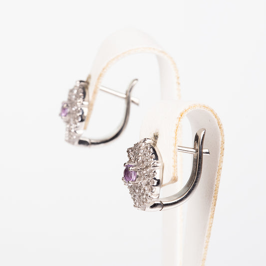 Stříbro 925/1000 - Náušnice s Bílým Topazem a Brazilským Ametystem - Karátové číslo: 0.94. přibližná hmotnost: 3.2 gramů