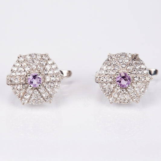 Stříbro 925/1000 - Náušnice s Bílým Topazem a Brazilským Ametystem - Karátové číslo: 0.94. přibližná hmotnost: 3.2 gramů