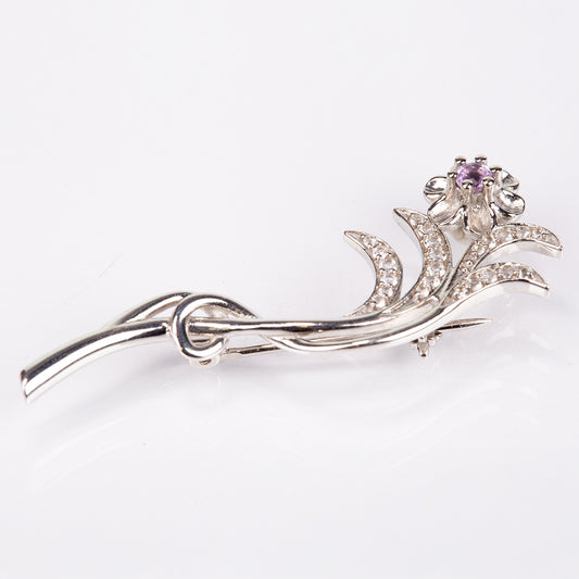 Stříbro 925/1000 - Brož s Brazilským Ametystem a Bílým Topazem - Karátové číslo: 0.64. přibližná hmotnost: 4.2 gramů