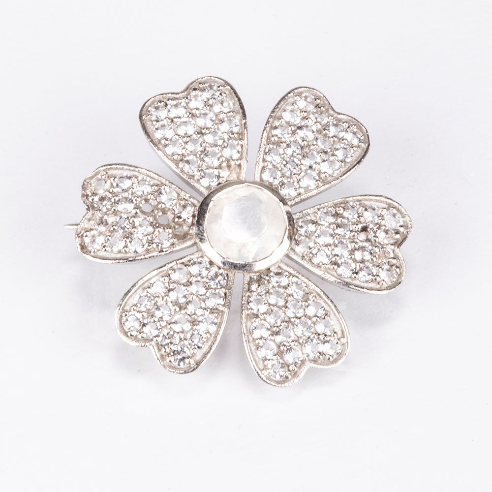 Stříbro 925/1000 - Brož s Duhovým Měsíčním Kamenem a Bílým Topazem - Karátové číslo: 1.88. přibližná hmotnost: 4.3 gramů