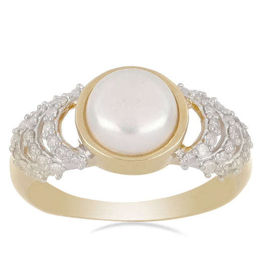 Pozlacený Stříbrný Prsten s Bílou Sladkovodní Perlou a Diamantem