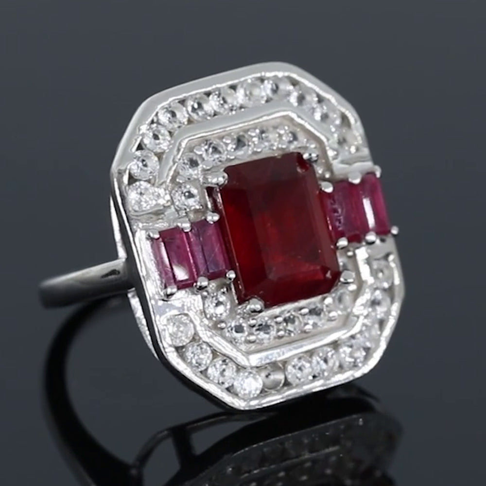 Stříbrný Prsten s Madagaskarským Rubínem a Bílým Topazem