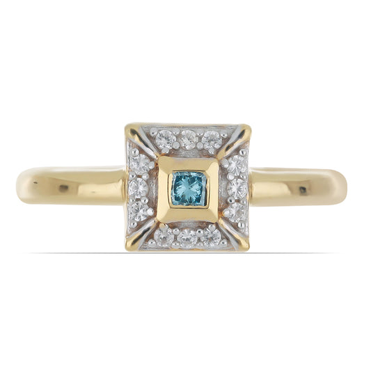 Pozlacený Stříbrný Prsten s Modrým Diamantem a Přírodním Bílým Zirkonem