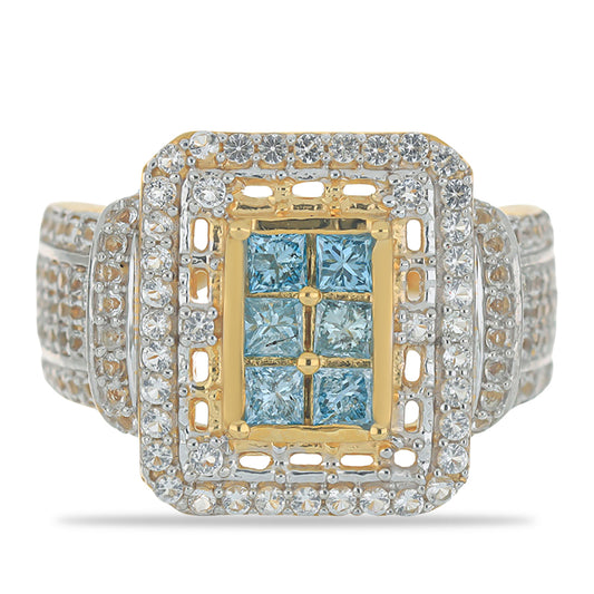 Pozlacený Stříbrný Prsten s Modrým Diamantem a Bílým Topazem