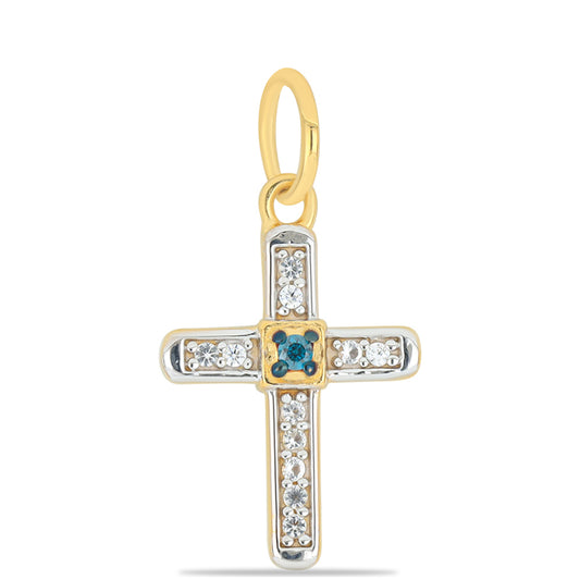 Kříž Pozlacený Stříbrný Přívěsek s Modrým Diamantem a Bílým Topazem