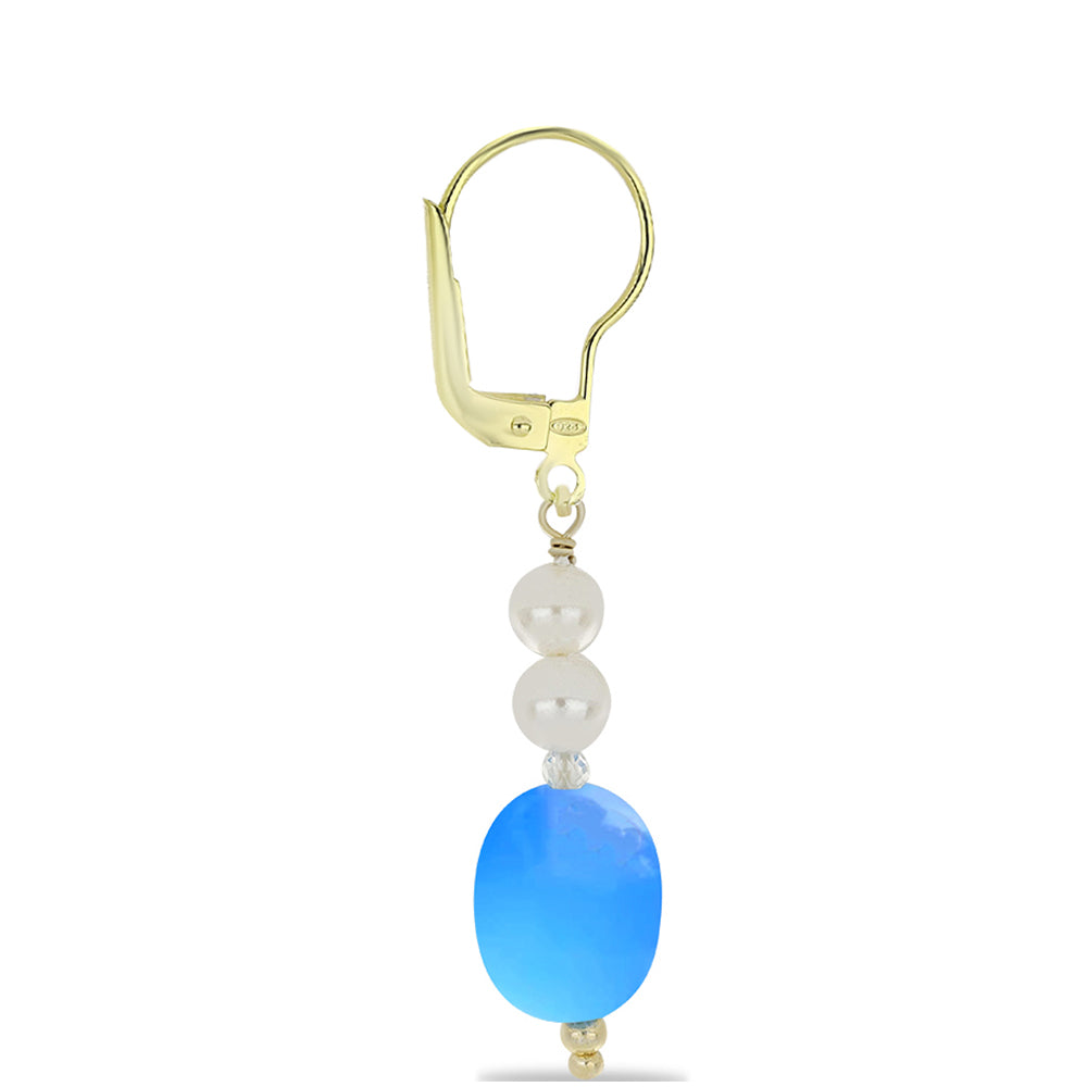 Pozlacené Stříbrné Náušnice s Aqua Chalcedonem a Bílým Křemenem 2 