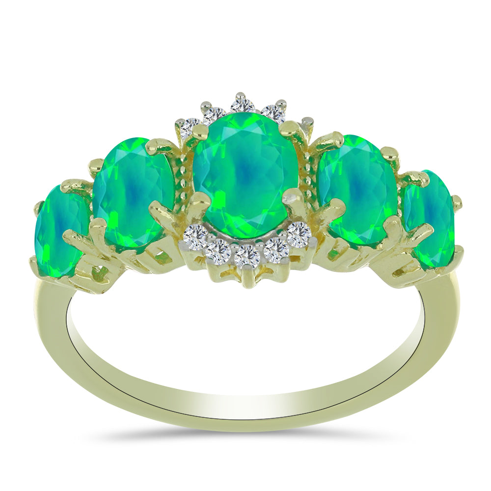 Pozlacené Stříbro 925/1000 - Prsten se Zeleným Etiopským Opálem z Lega Dembi a Bílým Topazem - Karátové číslo: 1.31. přibližná hmotnost: 2.95 gramů