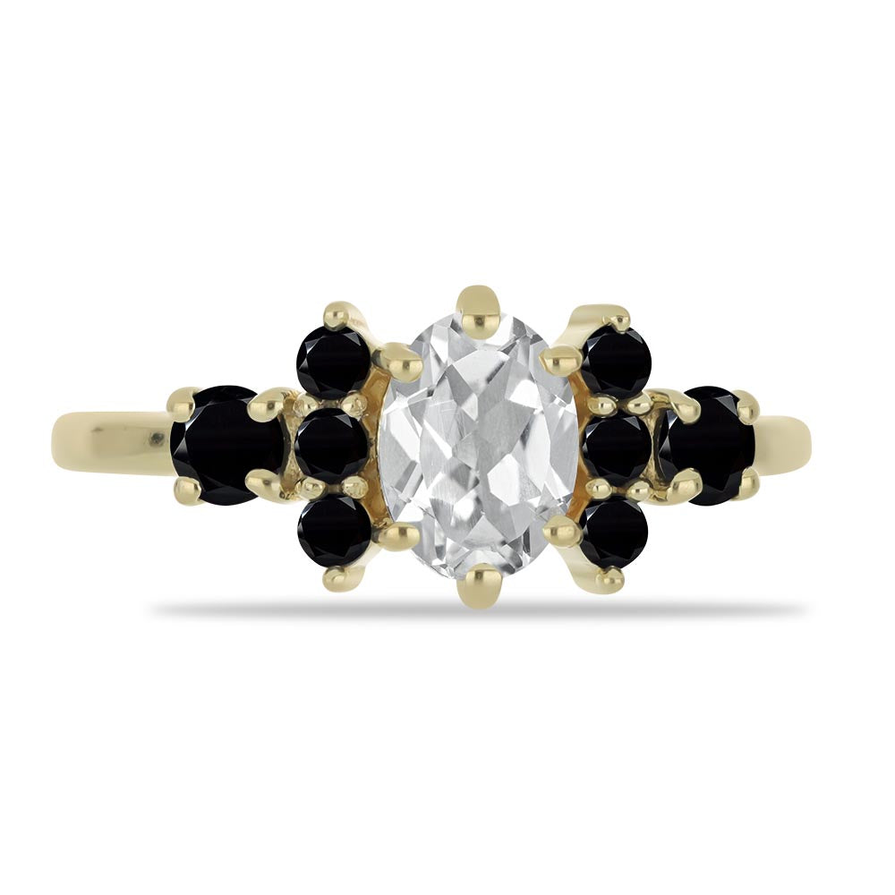 Pozlacený Stříbrný Prsten s Černým spinelem a Bílým Topazem