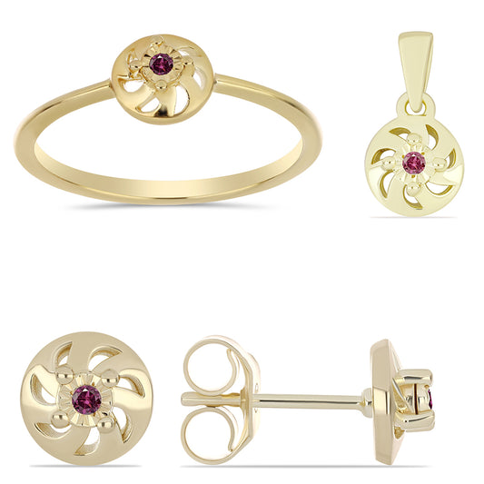 Pozlacená Stříbrná Sada s Purpurovým Diamantem ( Náušnice+Prsten+Přívěsek )