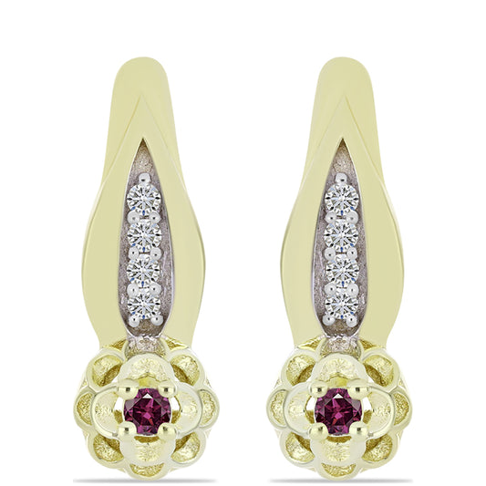Pozlacené Stříbrné Náušnice s Purpurovým Diamantem a Bílým Diamantem