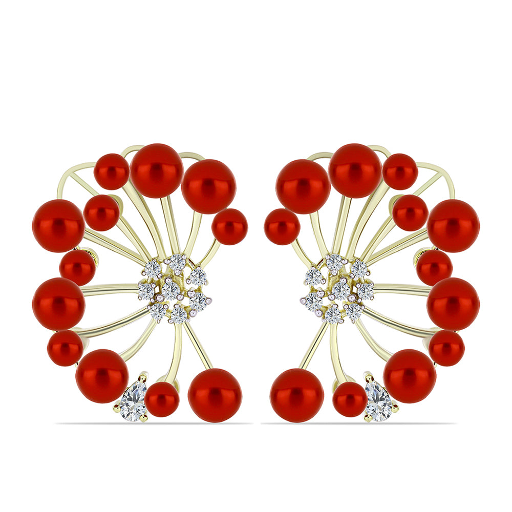 Pozlacené Stříbro 925/1000 - Náušnice s Červená sladkovodní Perlou a Bílým Topazem - Karátové číslo: 19.76. přibližná hmotnost: 12.64 gramů 1 