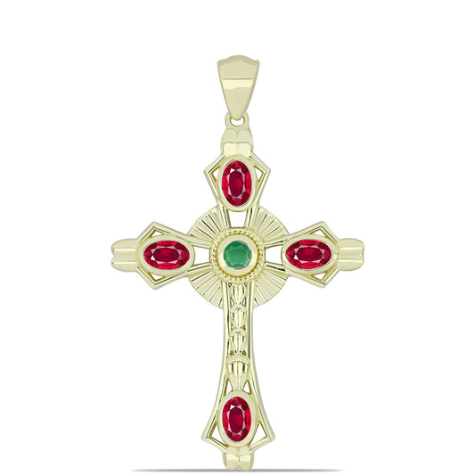 Kříž Pozlacený Stříbrný Přívěsek s Madagaskarským Rubínem a Brazilským Smaragdem