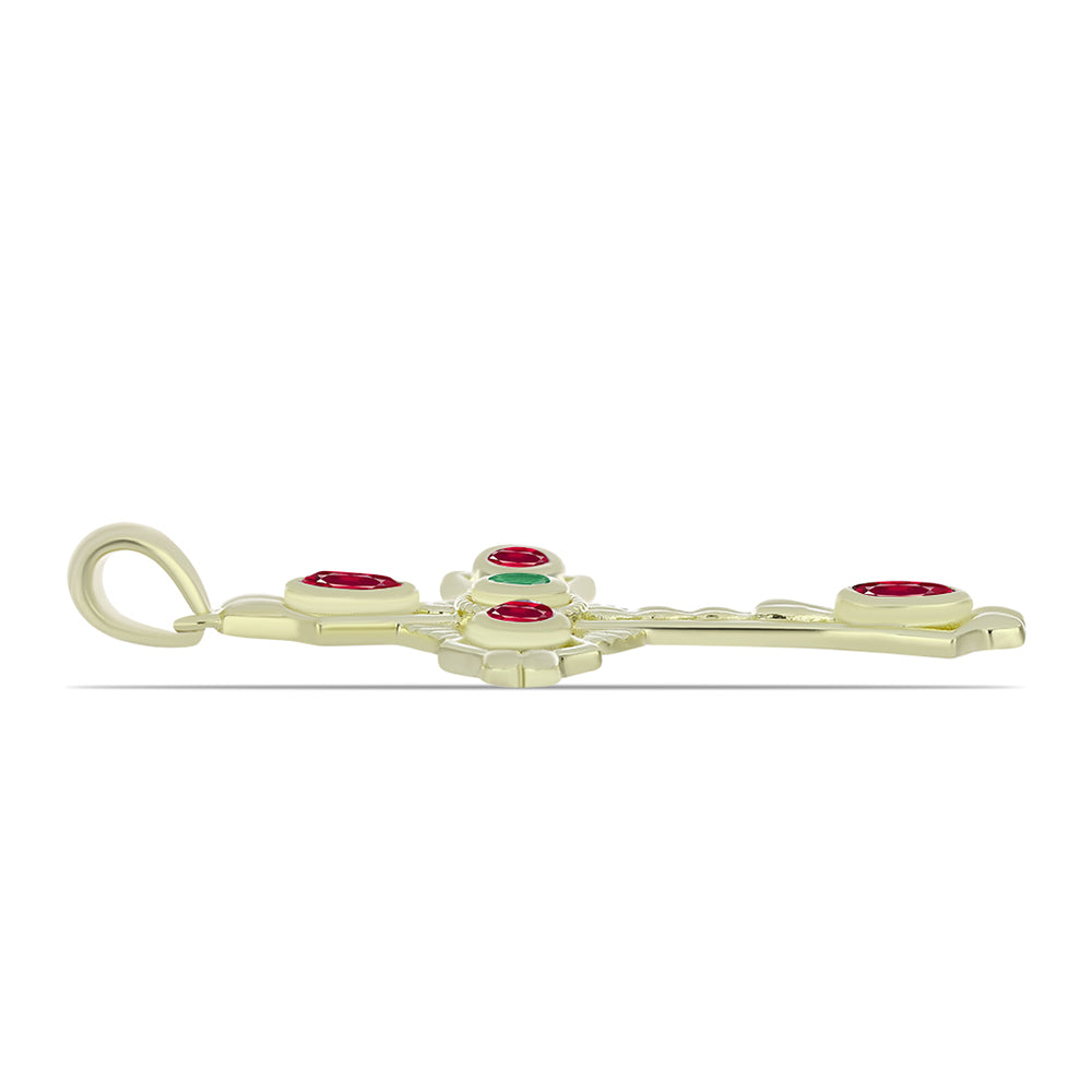 Kříž Pozlacený Stříbrný Přívěsek s Madagaskarským Rubínem a Brazilským Smaragdem 2 