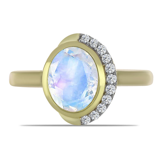Pozlacený Stříbrný Prsten s Duhovým Měsíčním Kamenem a Bílým Topazem