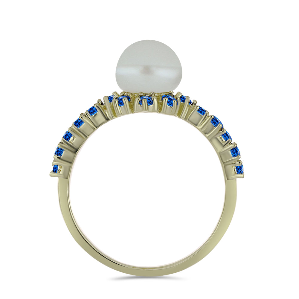 Pozlacený Stříbrný Prsten s Bílou Sladkovodní Perlou a Australským Modrým Safírem