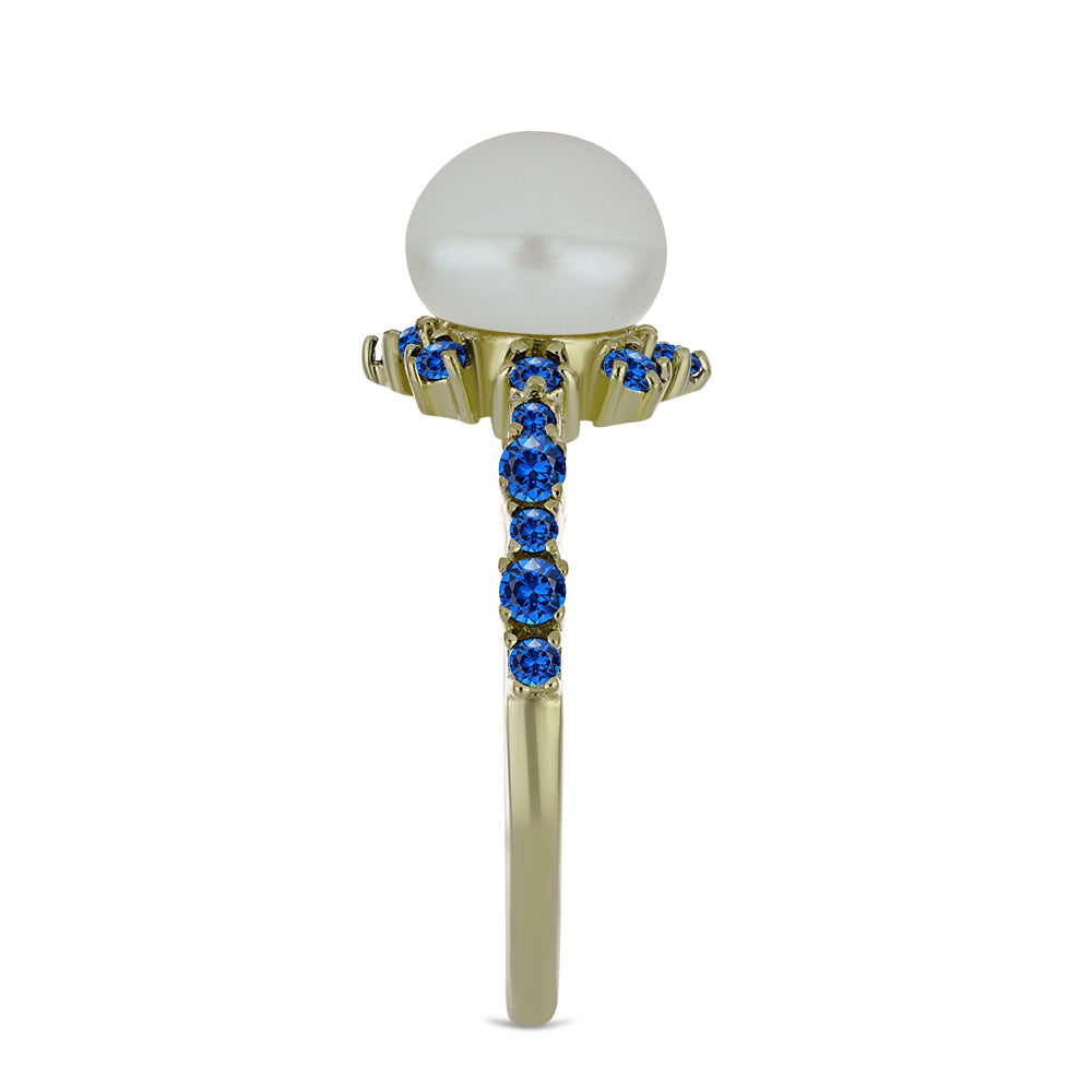 Pozlacený Stříbrný Prsten s Bílou Sladkovodní Perlou a Australským Modrým Safírem