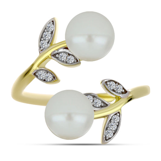 Pozlacený Stříbrný Prsten s Bílou Sladkovodní Perlou a Bílým Topazem
