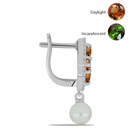 Stříbro 925/1000 - Náušnice s Certifikovaný Anatolským zultanitem pěstovaný v laboratoři a Bílou Sladkovodní Perlou - Karátové číslo: 5.02. přibližná hmotnost: 5.49 gramů