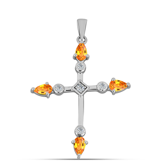 Kříž Stříbrný Přívěsek s Padparadscha Safírem a Bílým Topazem