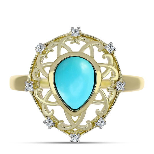 Pozlacené Stříbro 925/1000 - Prsten s Tyrkysem Sleeping Beauty a Bílým Topazem - Karátové číslo: 1.17. přibližná hmotnost: 3.53 gramů