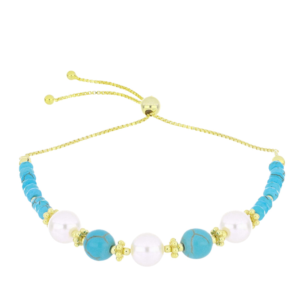 Pozlacený Stříbrný Náramek s Tyrkysem Sleeping Beauty a Bílou Sladkovodní Perlou 1 