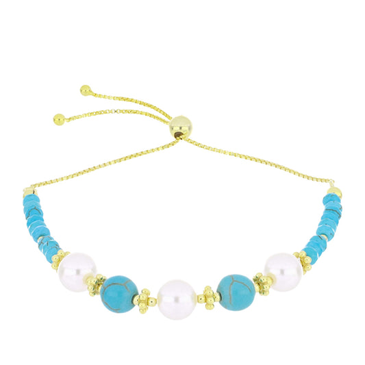 Pozlacený Stříbrný Náramek s Tyrkysem Sleeping Beauty a Bílou Sladkovodní Perlou