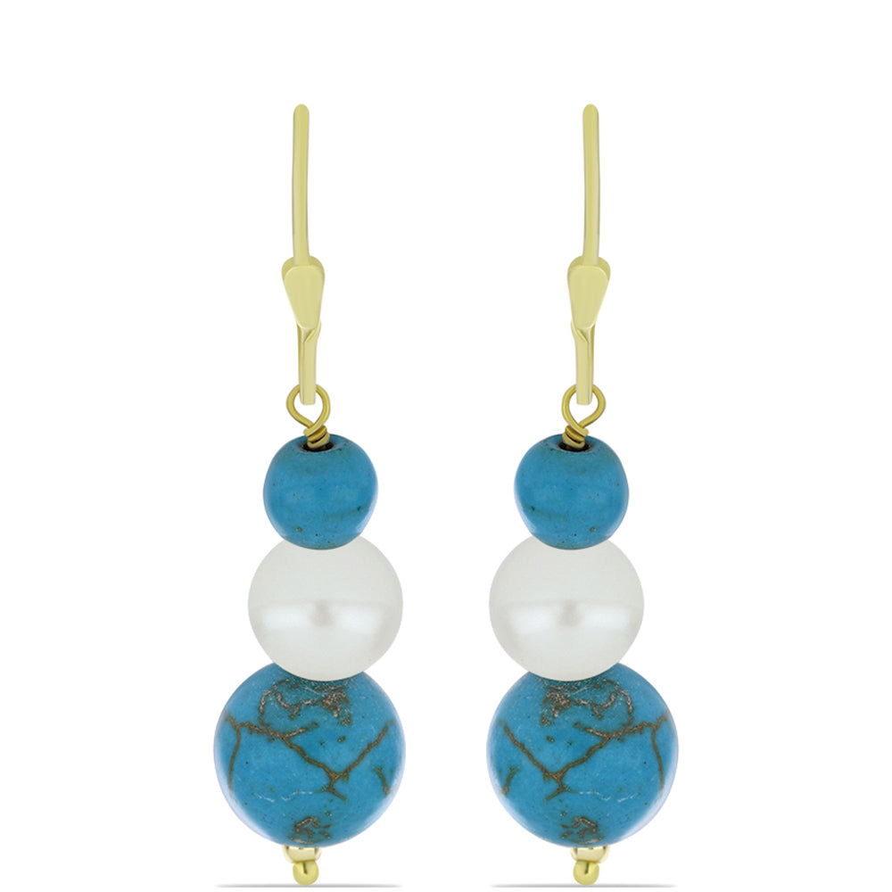 Pozlacené Stříbrné Náušnice s Tyrkysem Sleeping Beauty a Bílou Sladkovodní Perlou 1 