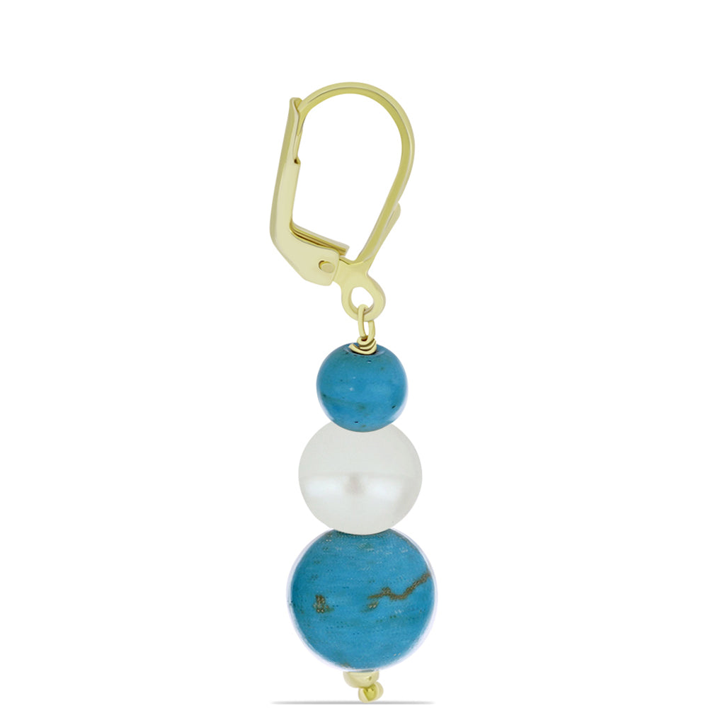 Pozlacené Stříbrné Náušnice s Tyrkysem Sleeping Beauty a Bílou Sladkovodní Perlou