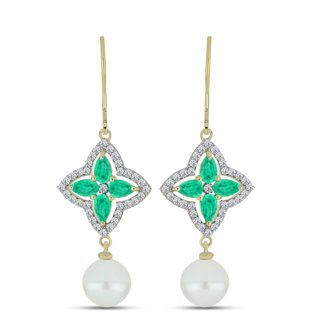 Pozlacené Stříbrné Náušnice s Kolumbijským Smaragdem a Bílou Sladkovodní Perlou