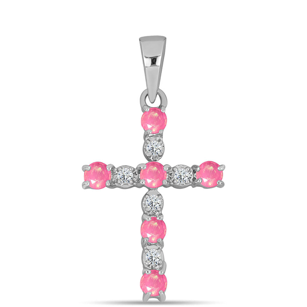 Kříž Stříbrný Přívěsek s Růžovým Opálem z Lega Dembi a Bílým Topazem