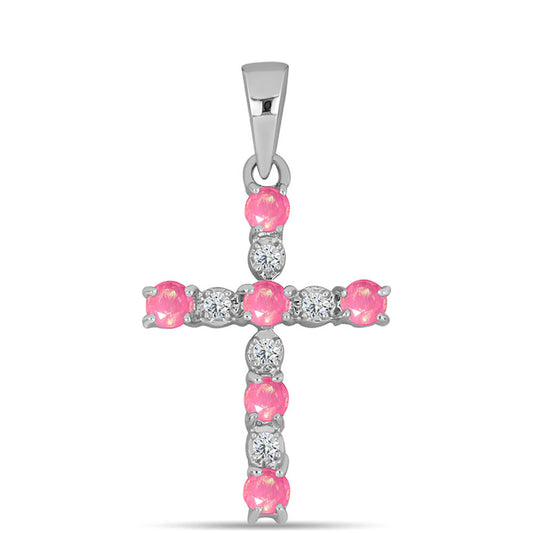 Kříž Stříbrný Přívěsek s Růžovým Opálem z Lega Dembi a Bílým Topazem