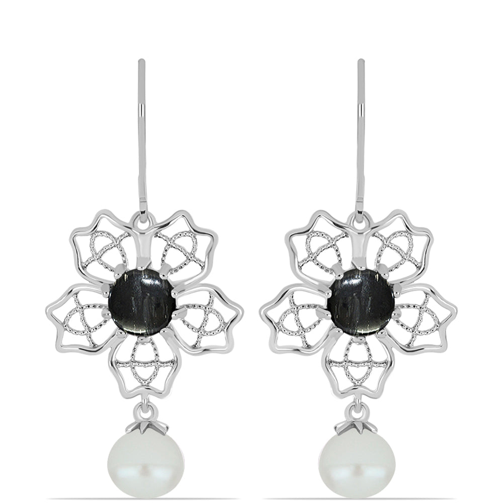 Stříbrné Náušnice s Picasso Jaspisem a Bílou Sladkovodní Perlou 1 