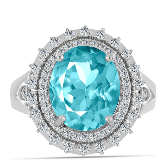 Stříbro 925/1000 - Prsten s Paraiba Křemenem a Bílým Topazem - Karátové číslo: 5.17. přibližná hmotnost: 5.48 gramů