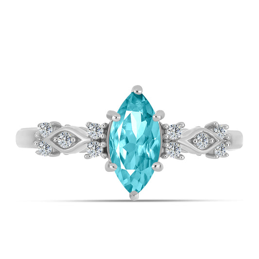 Stříbro 925/1000 - Prsten s Paraiba Křemenem a Bílým Topazem - Karátové číslo: 1.07. přibližná hmotnost: 2.31 gramů