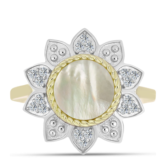 Pozlacené Stříbro 925/1000 - Prsten s Lasturou a Bílým Topazem - Karátové číslo: 1.48. přibližná hmotnost: 4.34 gramů