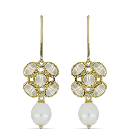 Pozlacené Stříbro 925/1000 - Náušnice s Lasturou a Bílou Sladkovodní Perlou - Karátové číslo: 9.44. přibližná hmotnost: 6.04 gramů