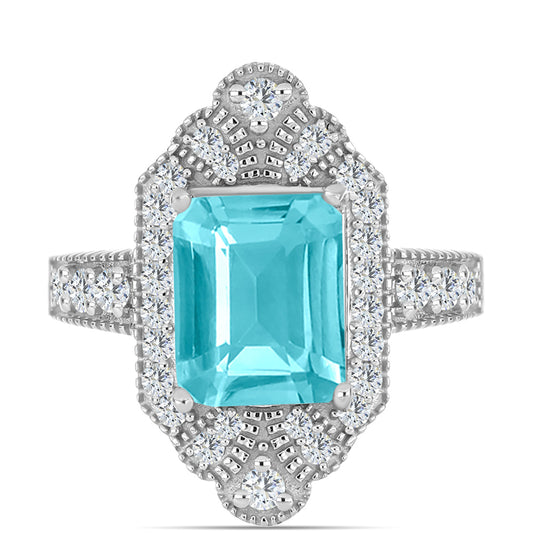 Stříbro 925/1000 - Prsten s Paraiba Křemenem a Bílým Topazem - Karátové číslo: 3.39. přibližná hmotnost: 4.85 gramů