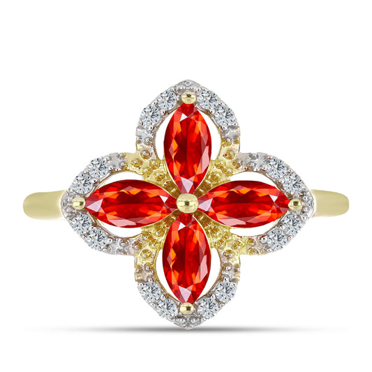 Pozlacené Stříbro 925/1000 - Prsten s Etiopským Červeným Opálem z Lega Dembi a Bílým Topazem - Karátové číslo: 0.77. přibližná hmotnost: 2.73 gramů